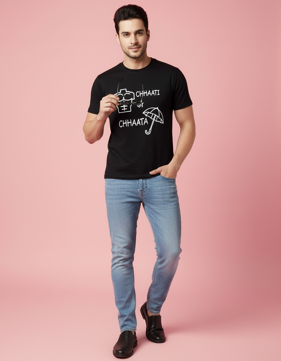 Man wearing a black t-shirt with text on a pink background