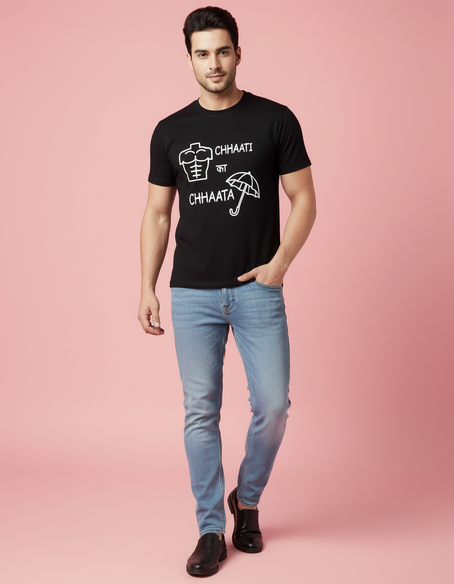 Man wearing a black t-shirt with text on a pink background