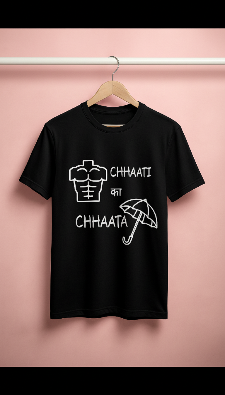 Black t-shirt with graphic design and text on a pink background