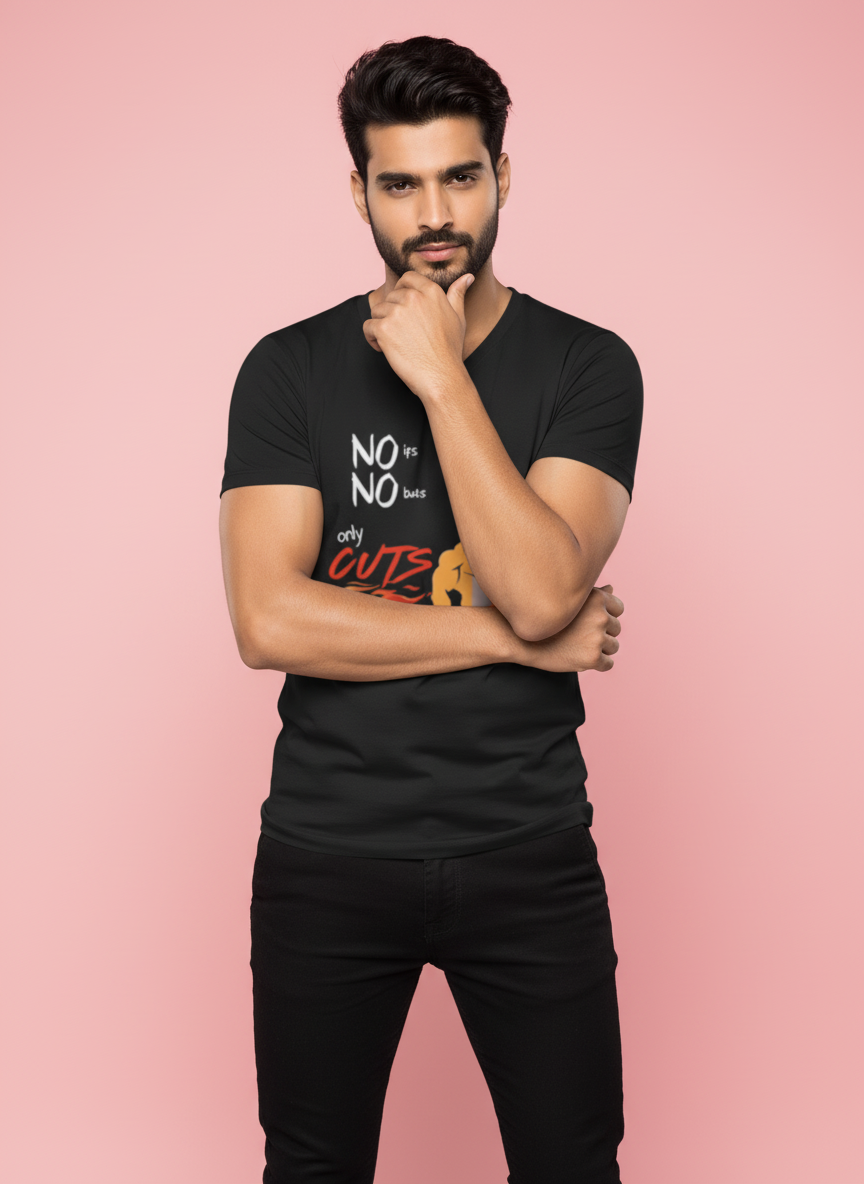 Man wearing a black t-shirt with text on a pink background