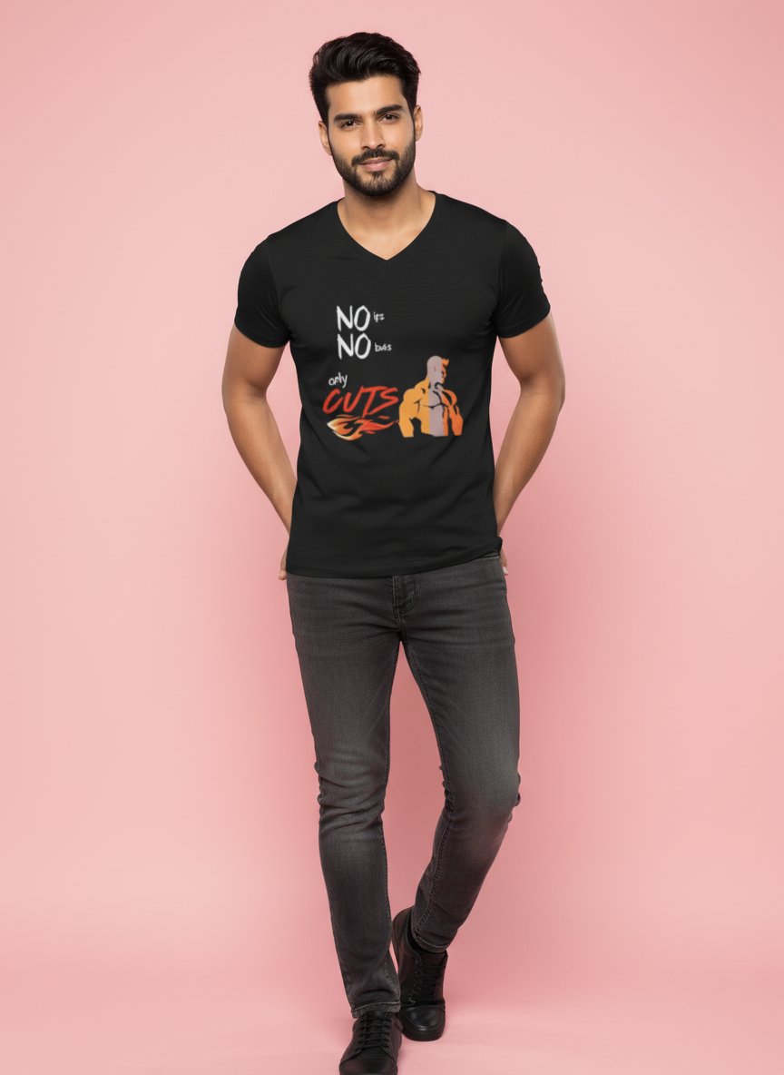 Man wearing a black t-shirt with text on a pink background