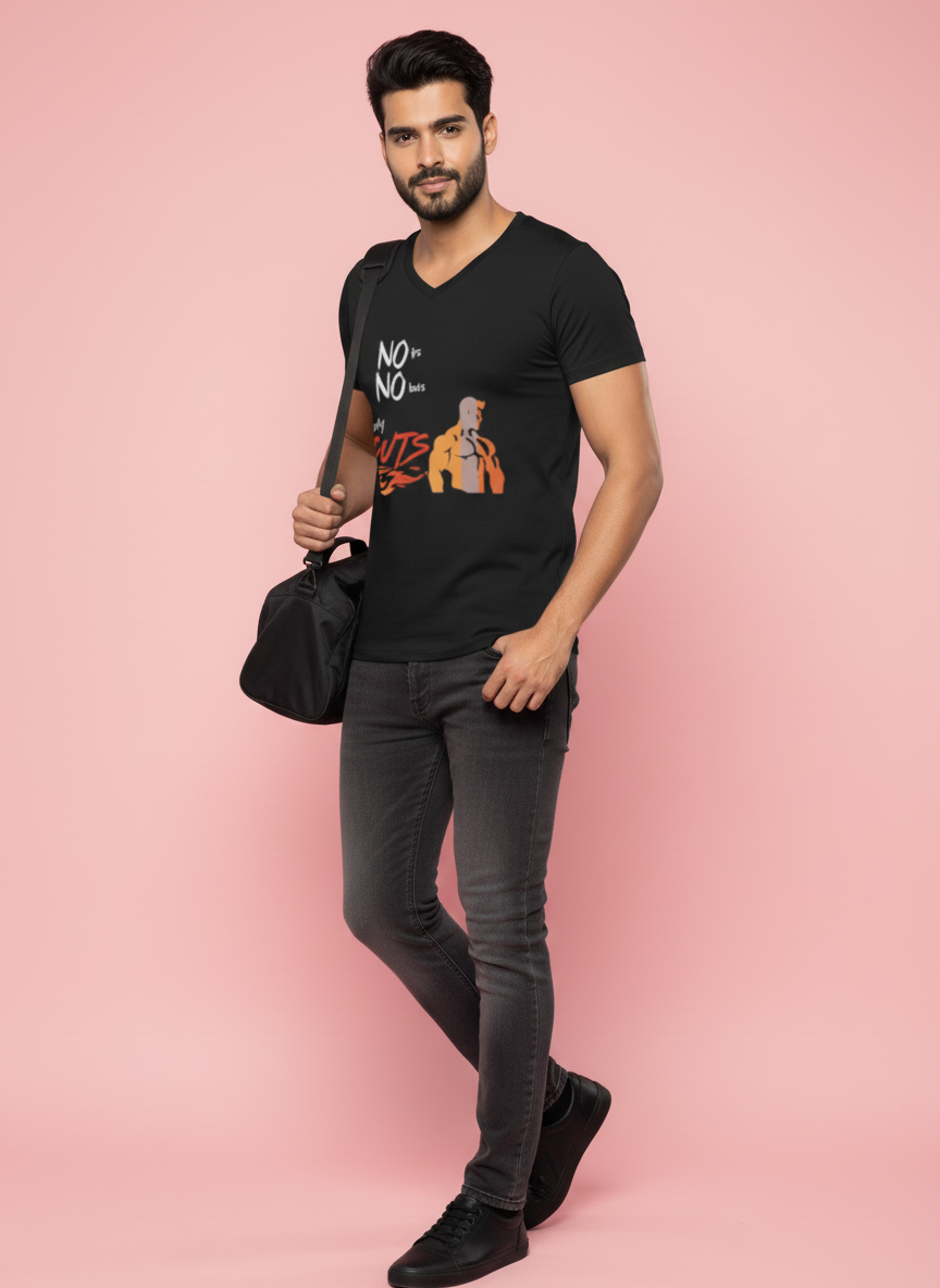 Man wearing a black t-shirt with text on a pink background