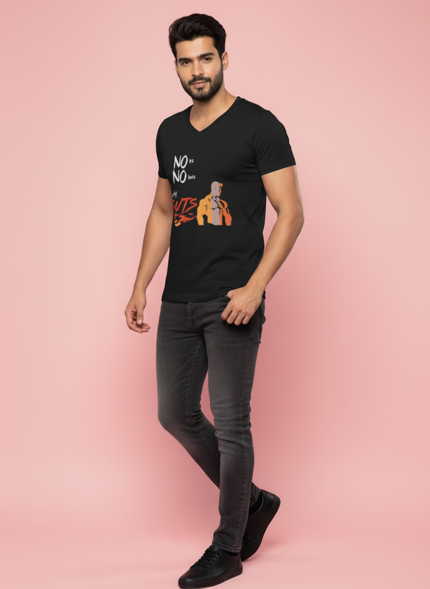 Man wearing a black t-shirt with text on a pink background