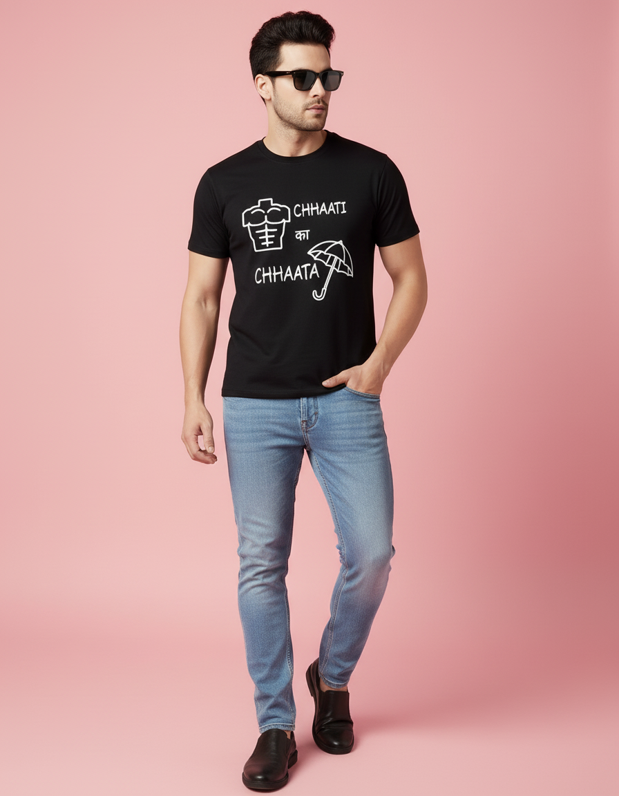 man wearing Black t-shirt with graphic design and text on a pink background