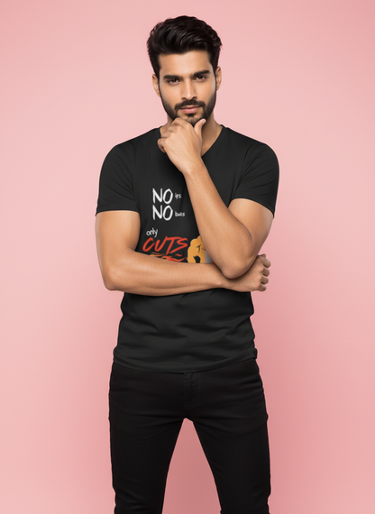 Man wearing a black t-shirt with text on a pink background