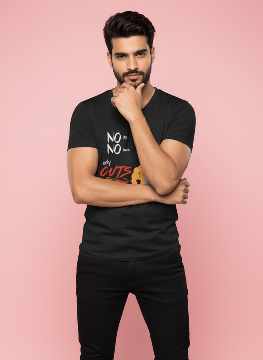 Man wearing a black t-shirt with text on a pink background