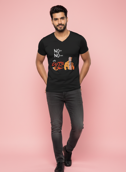 Man wearing a black t-shirt with text on a pink background