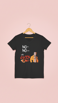 Black t-shirt with graphic design and text on a pink background