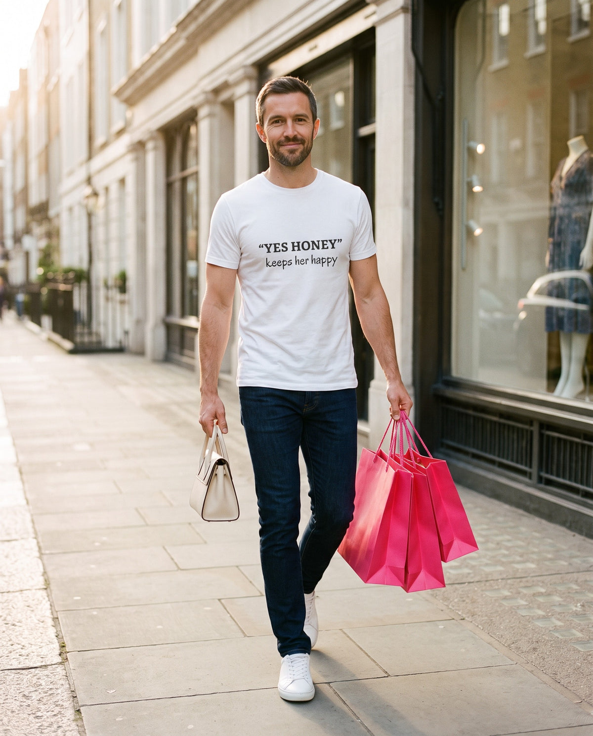 A man in a white Yes Honey, Keeps Her Happy tee walks down a city street carrying pink shopping bags and a cream handbag.