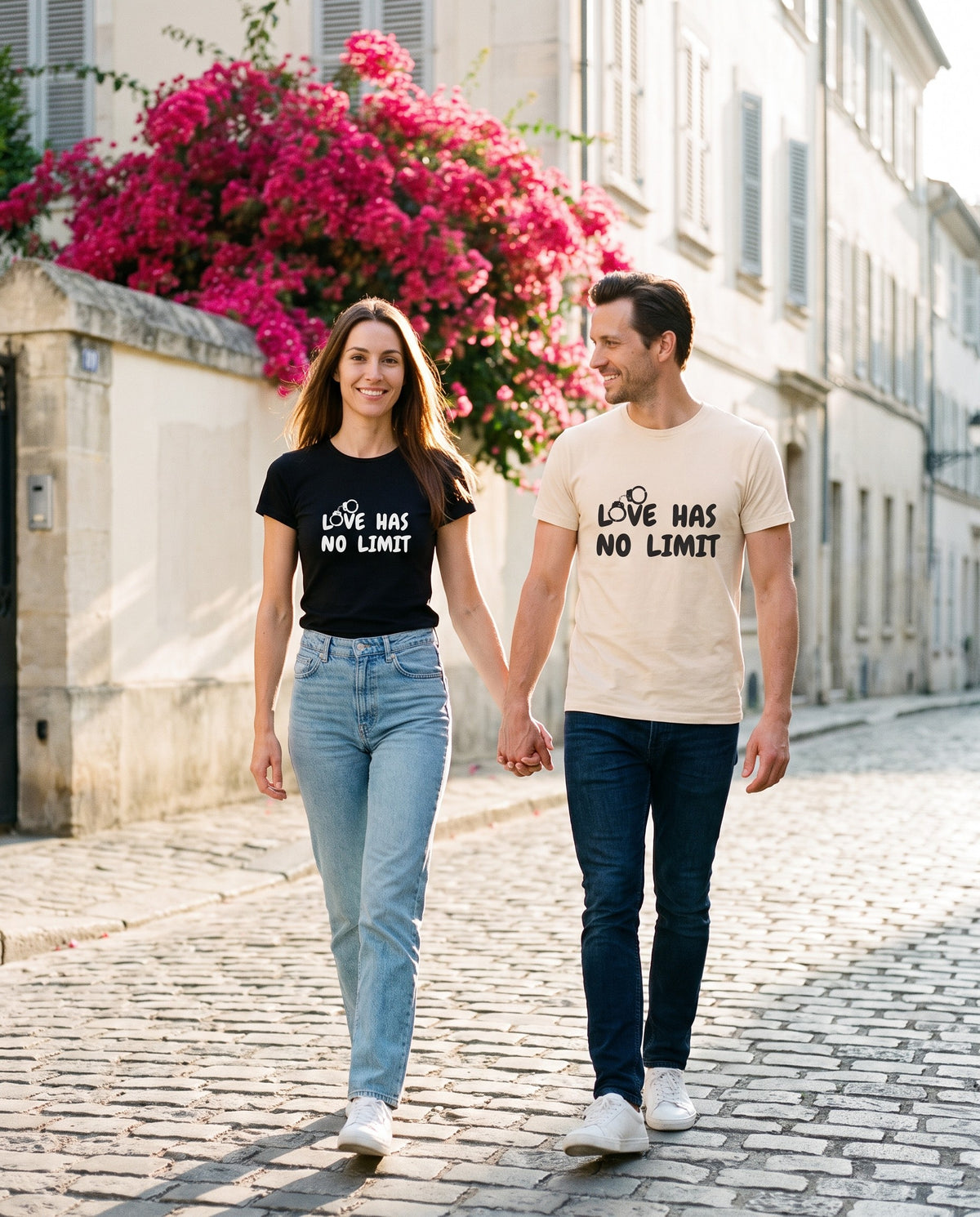 A couple in matching Love Has No Limit tees, hers black and his cream, walk hand in hand down a cobblestone street.