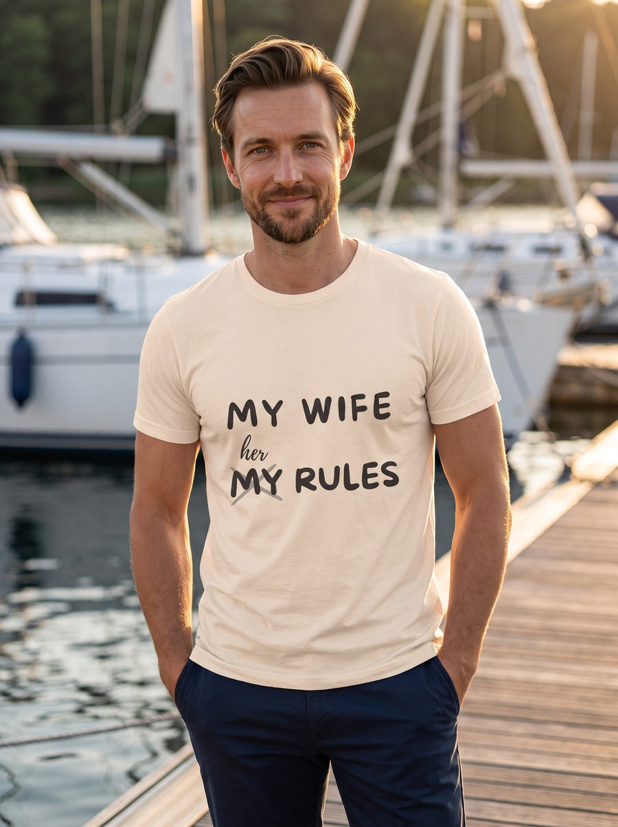 Model wearing the My Wife, Her Rules tee in soft cream.