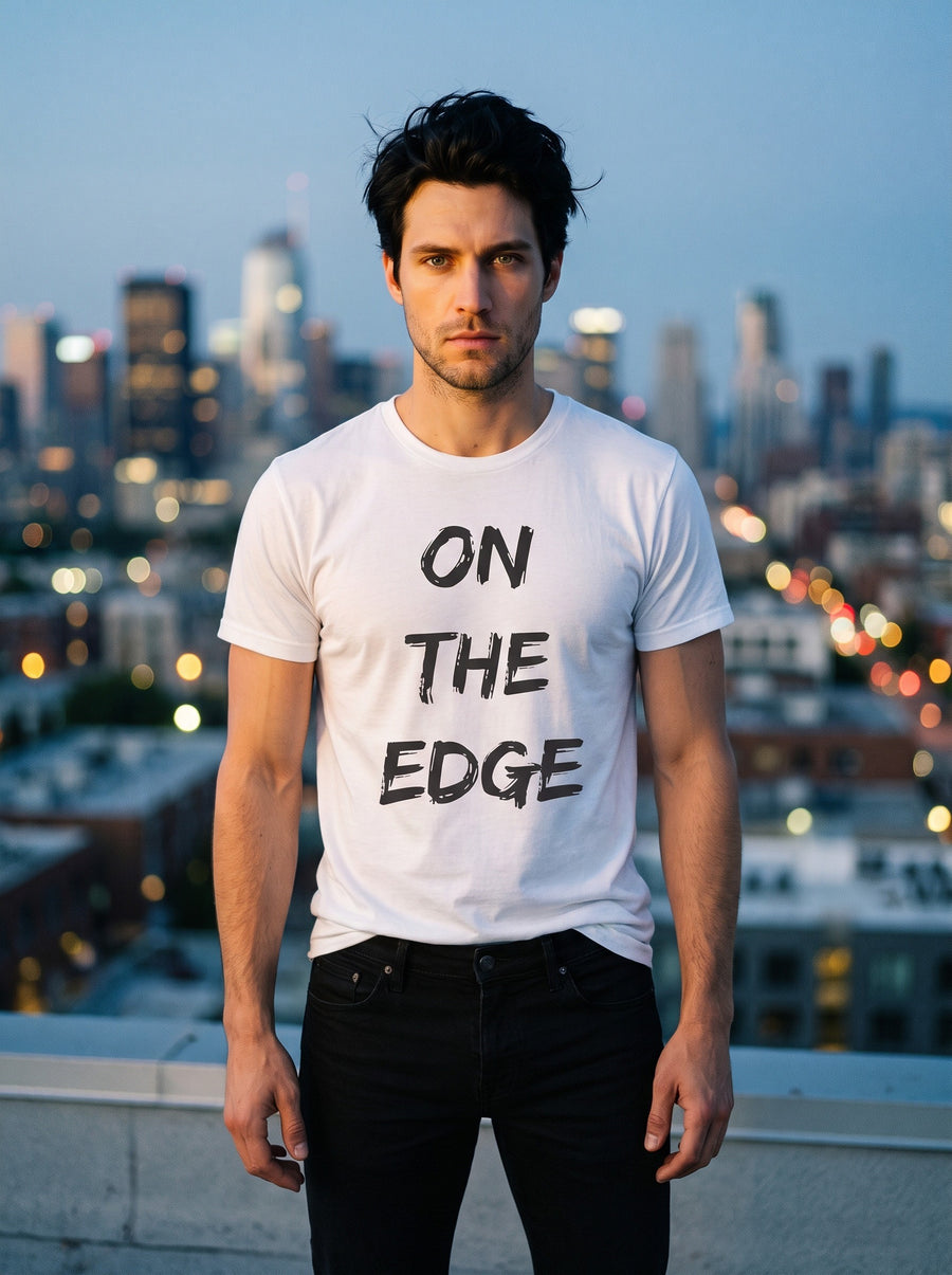 Model wearing the On the Edge tee in white.