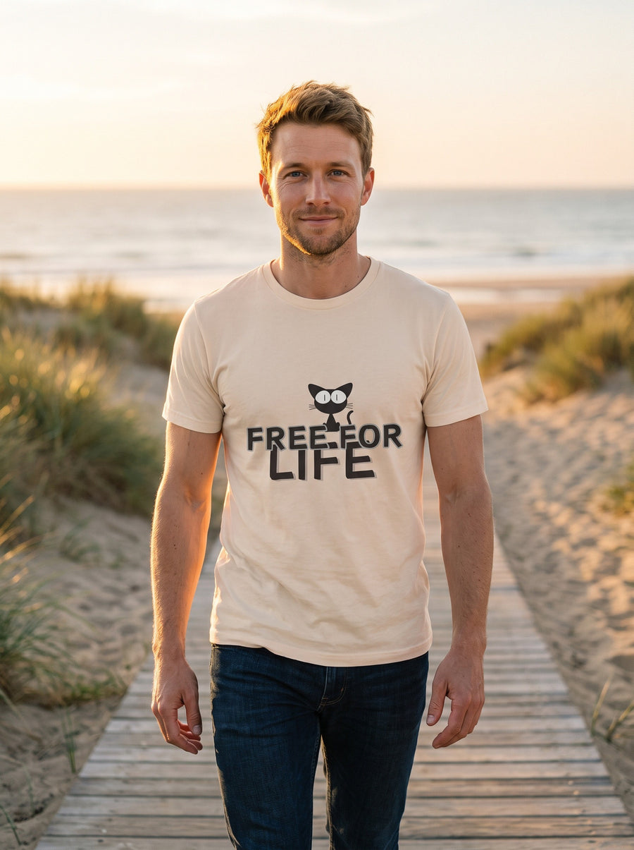 Model wearing the Free For Life tee in soft cream.