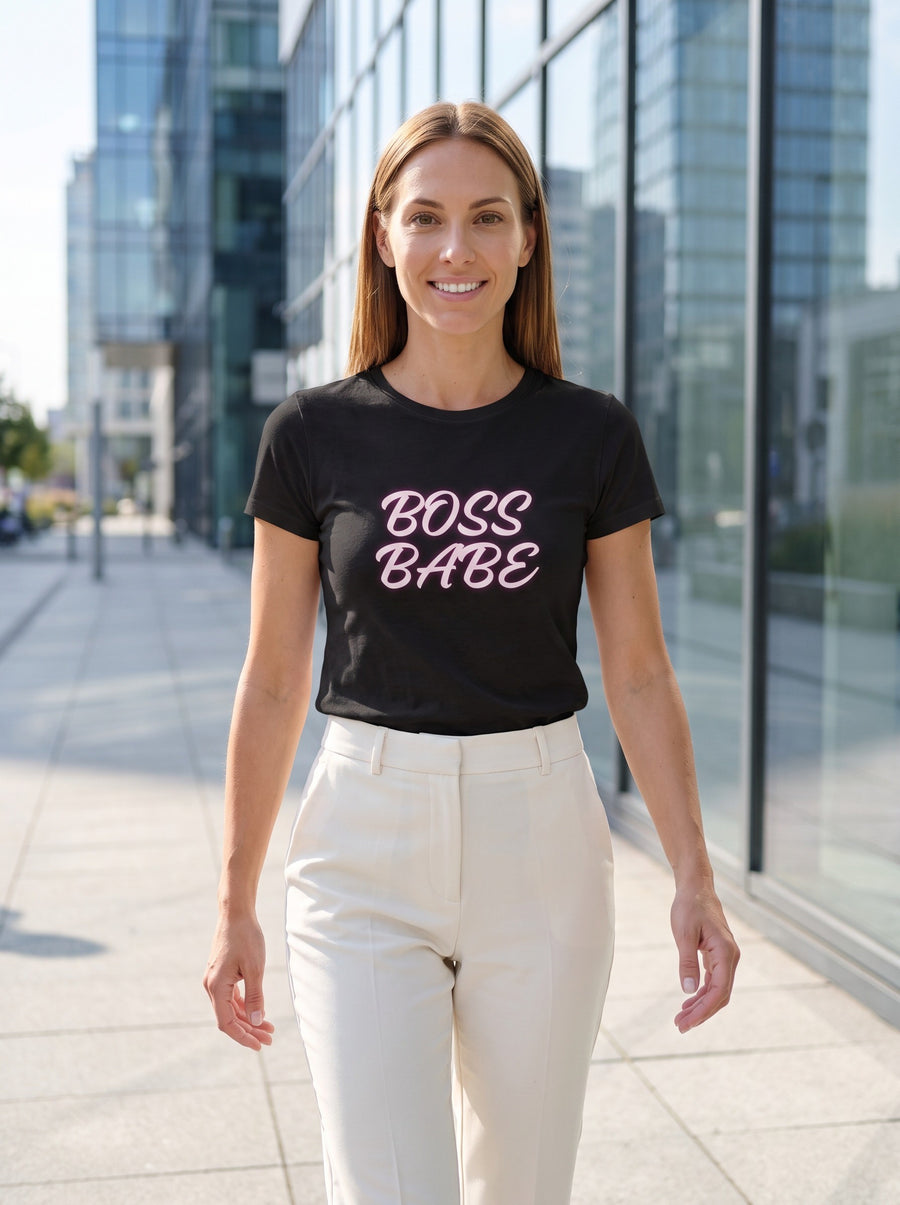 Model wearing the Boss Babe tee in black.