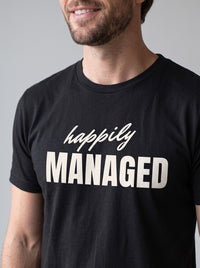 Happily Managed tee in Black — angled close-up [kk-studio]