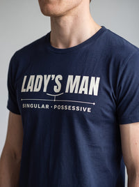 Lady's Man tee in Navy — angled close-up [kk-studio]
