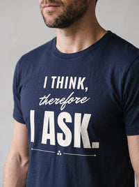 I Think, Therefore I Ask tee in Navy — angled close-up [kk-studio]