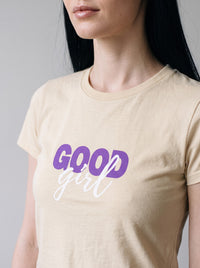 Good Girl tee in Soft Cream — angled close-up [kk-studio]
