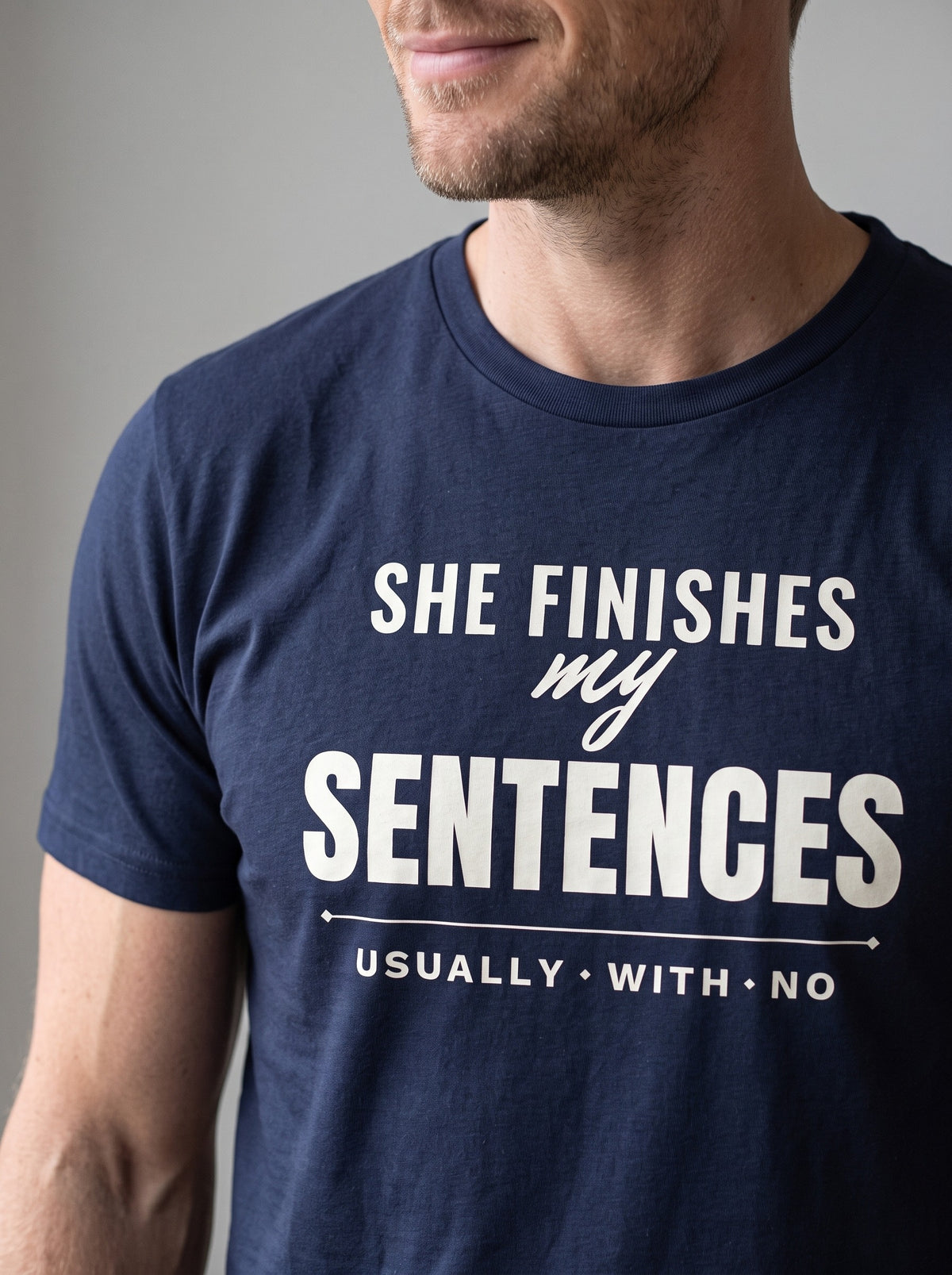 She Finishes My Sentences tee in Navy — angled close-up [kk-studio]
