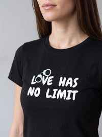 Love Has No Limit (Hers) tee in Black — angled close-up [kk-studio]