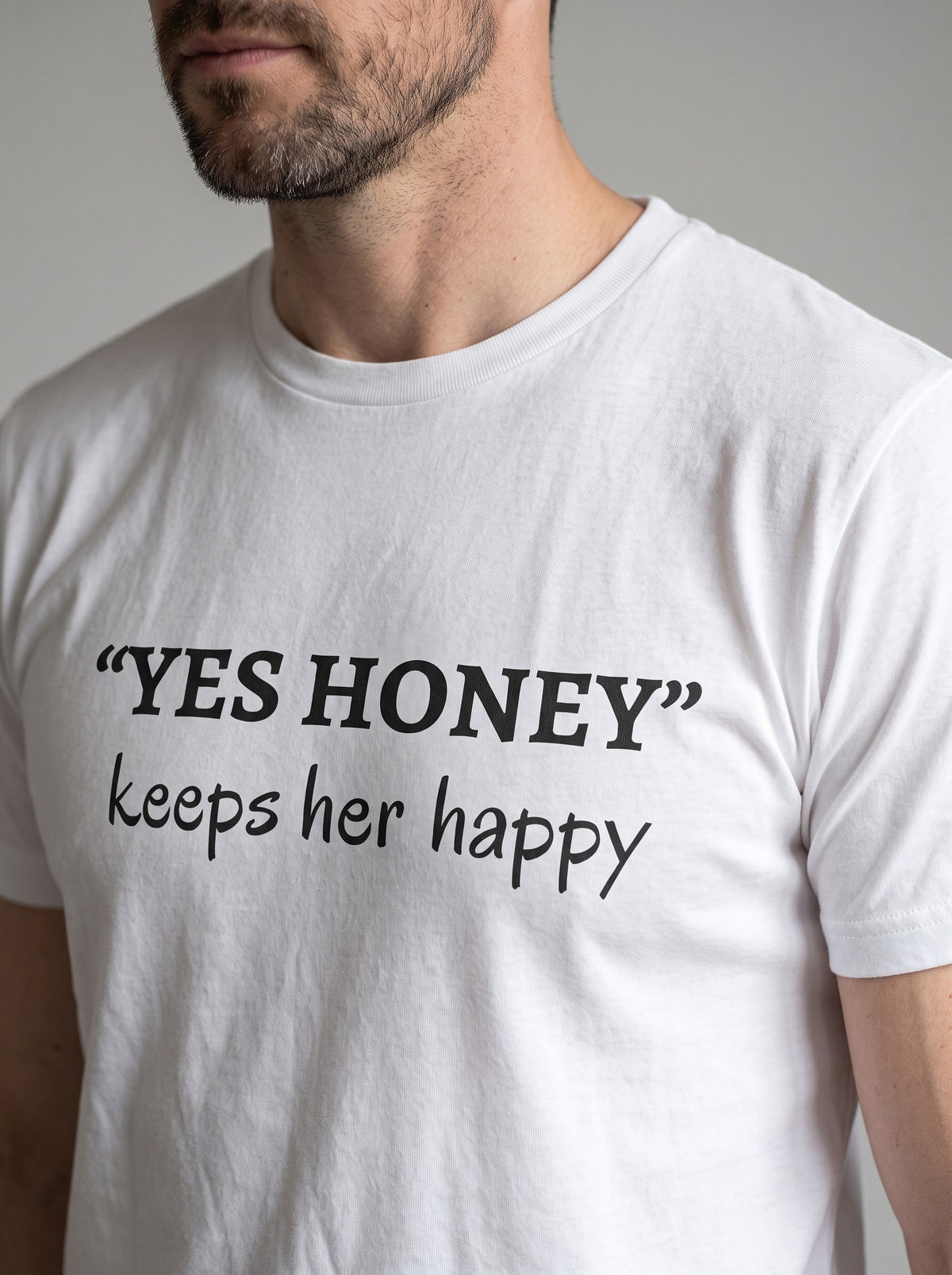Yes Honey tee in White — angled close-up [kk-studio]