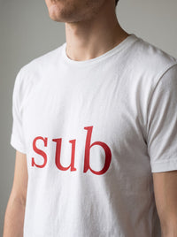 Sub tee in White — angled close-up [kk-studio]