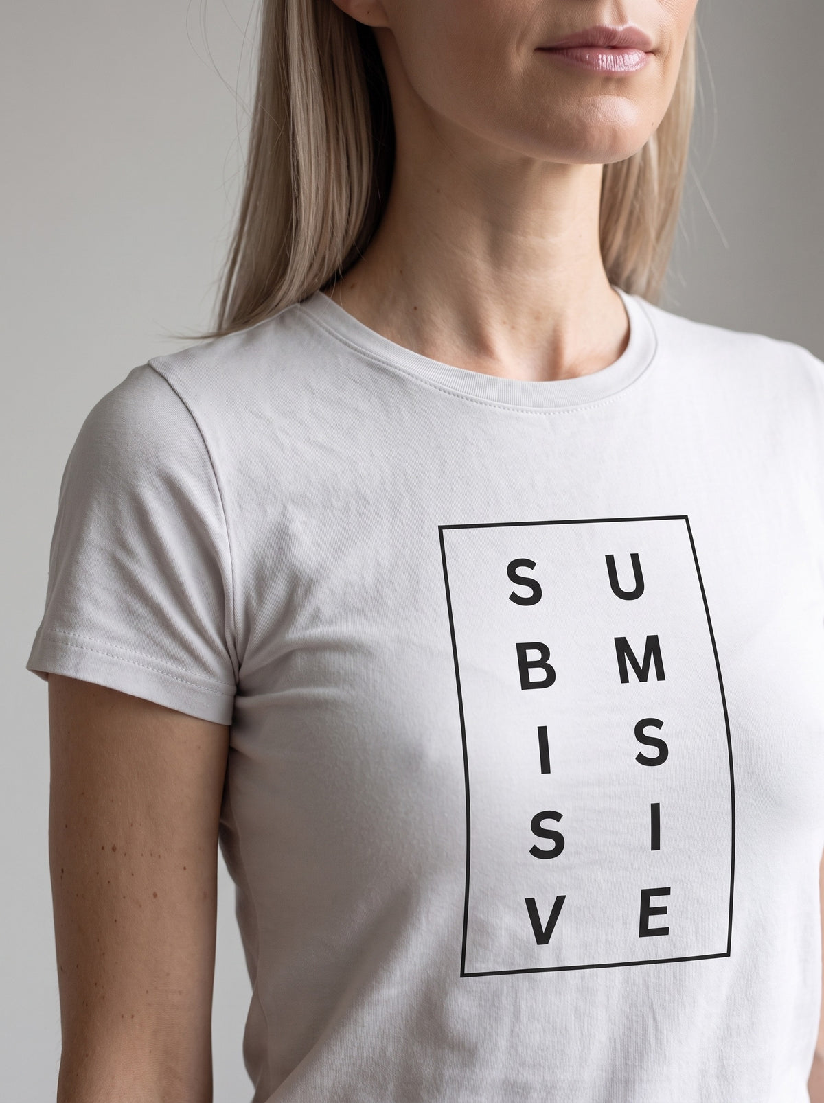 Submissive tee in Silver — angled close-up [kk-studio]