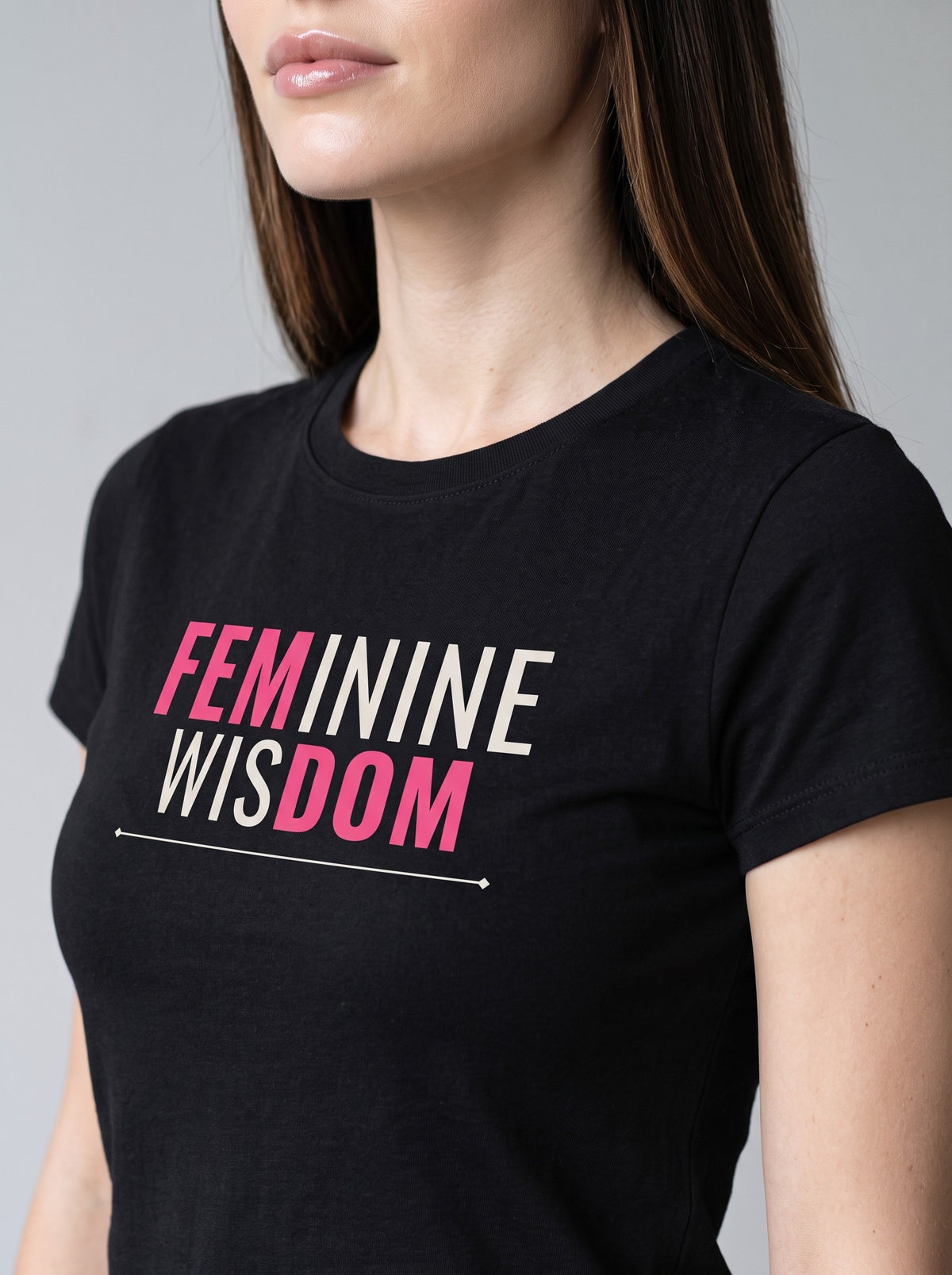 Feminine Wisdom tee in Black — angled close-up [kk-studio]