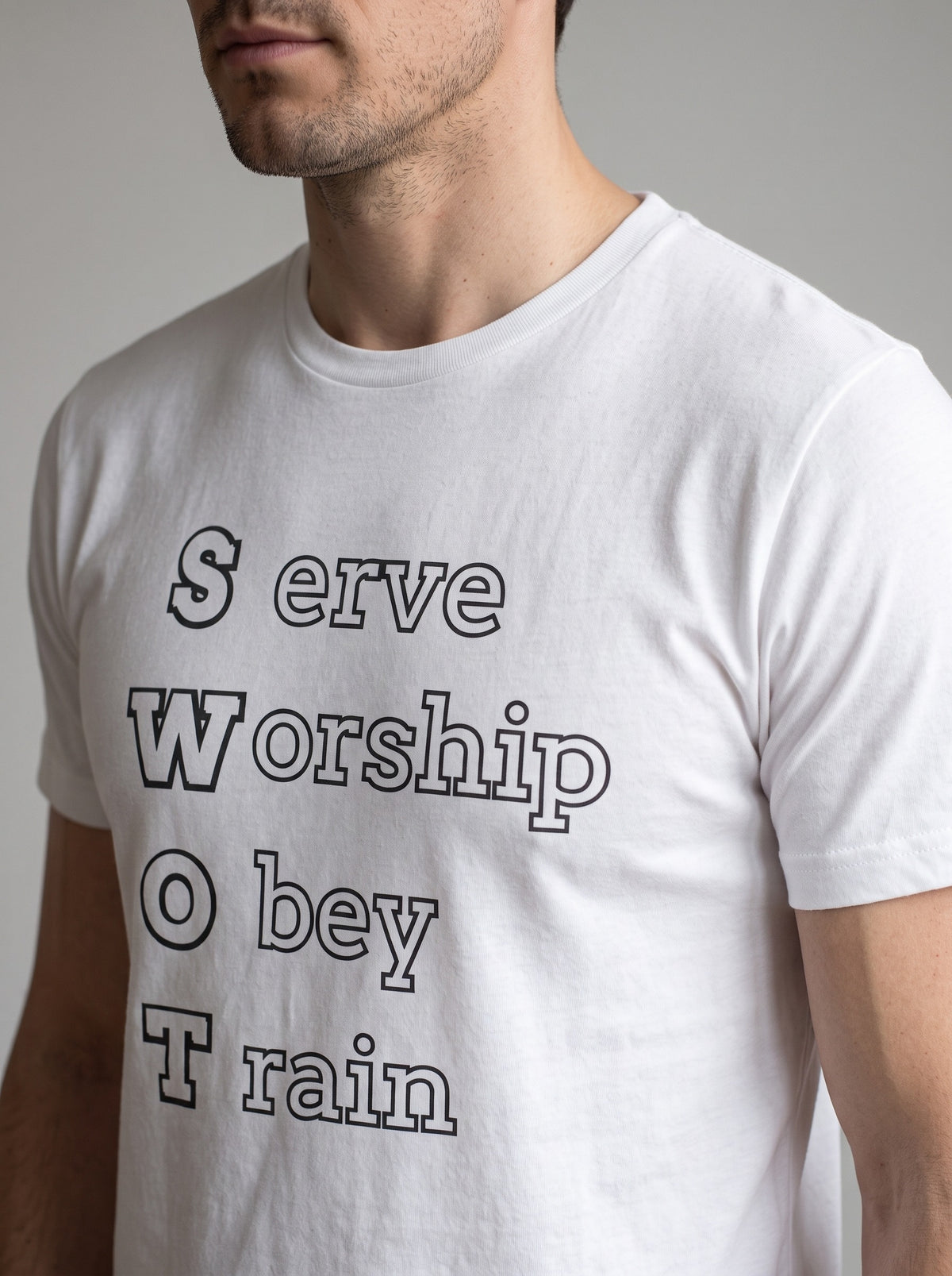 SWOT tee in White — angled close-up [kk-studio]