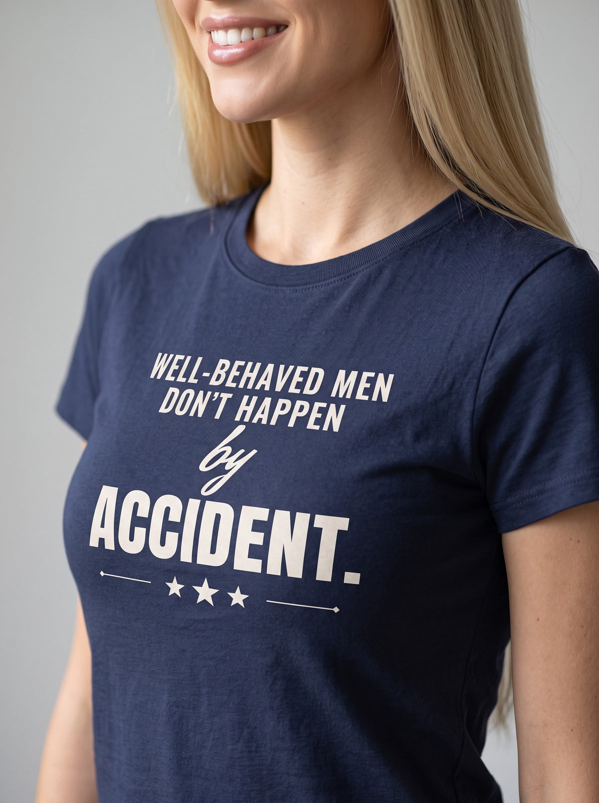 Well-Behaved Men Don't Happen by Accident tee in Navy — angled close-up [kk-studio]