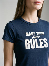 Make Your Own Rules tee in Navy — angled close-up [kk-studio]