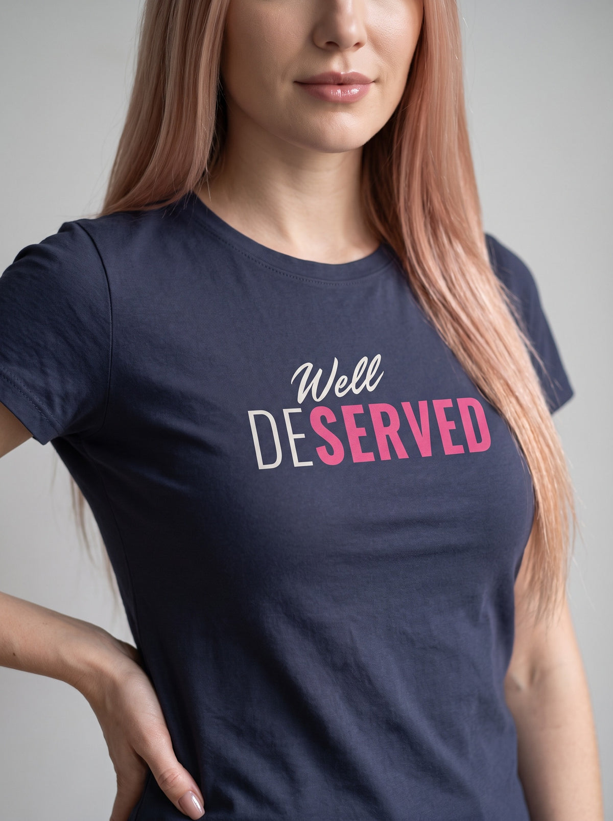 Well Deserved tee in Navy — angled close-up [kk-studio]