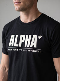 Alpha* (Subject to Her Approval) tee in Black — angled close-up [kk-studio]