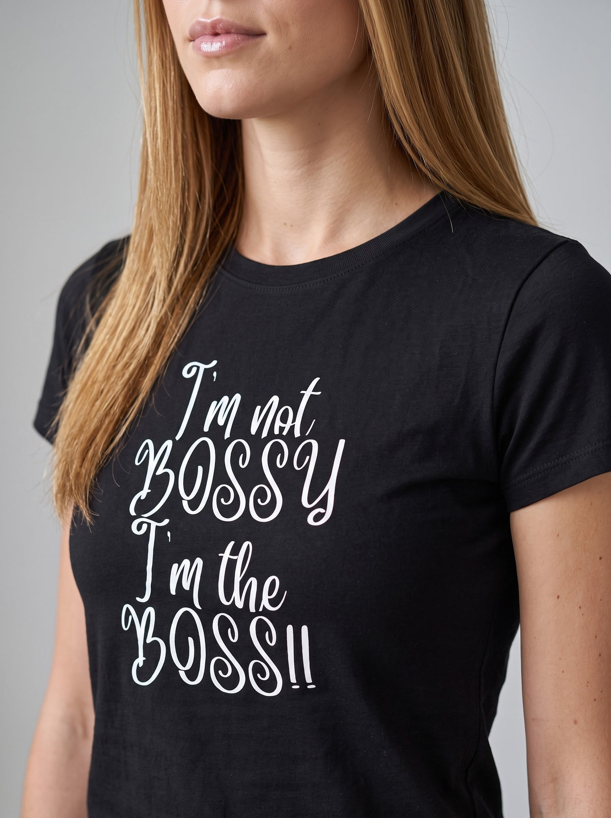 I Am the Boss tee in Black — angled close-up [kk-studio]