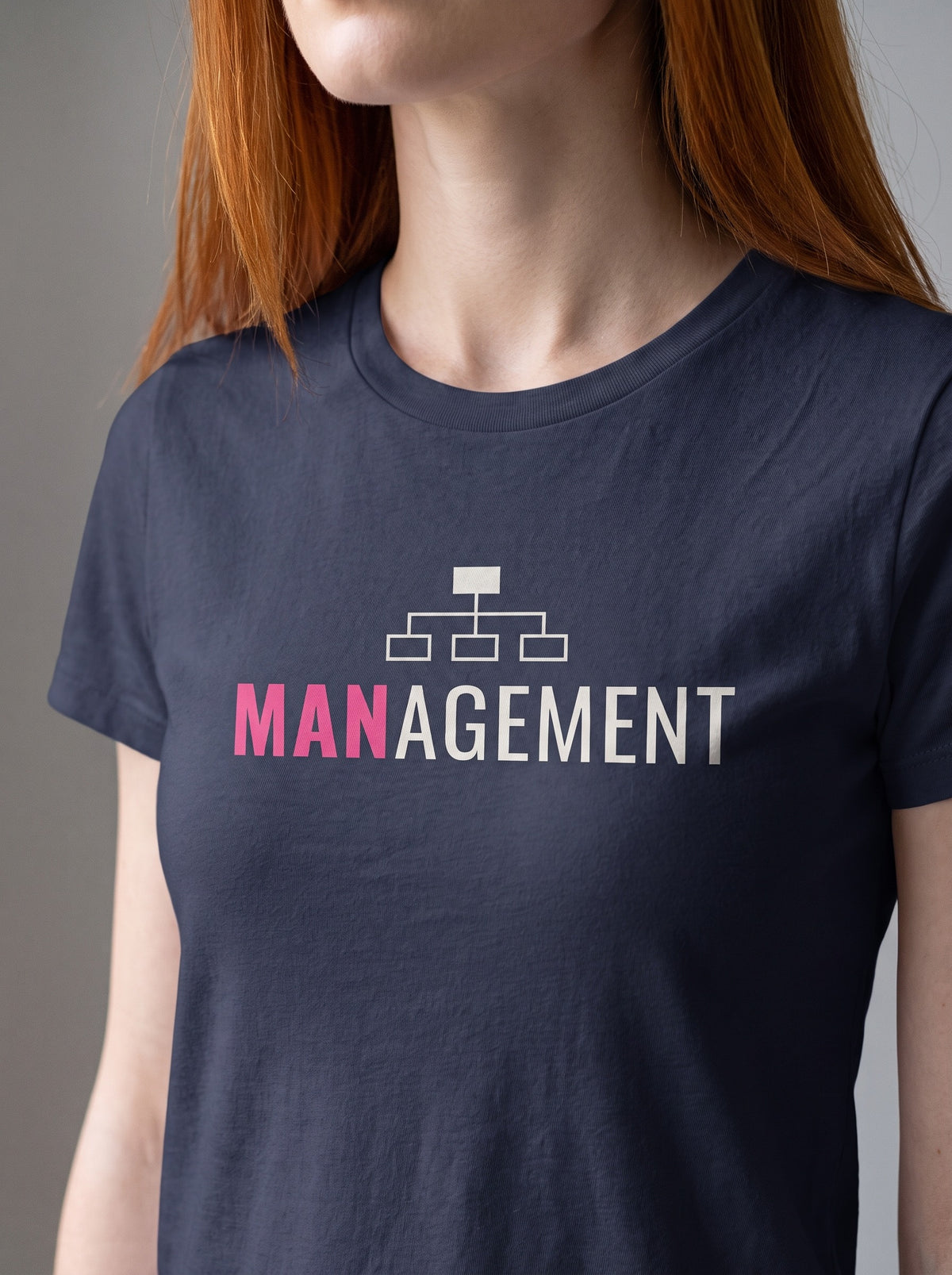 Management tee in Navy — angled close-up [kk-studio]