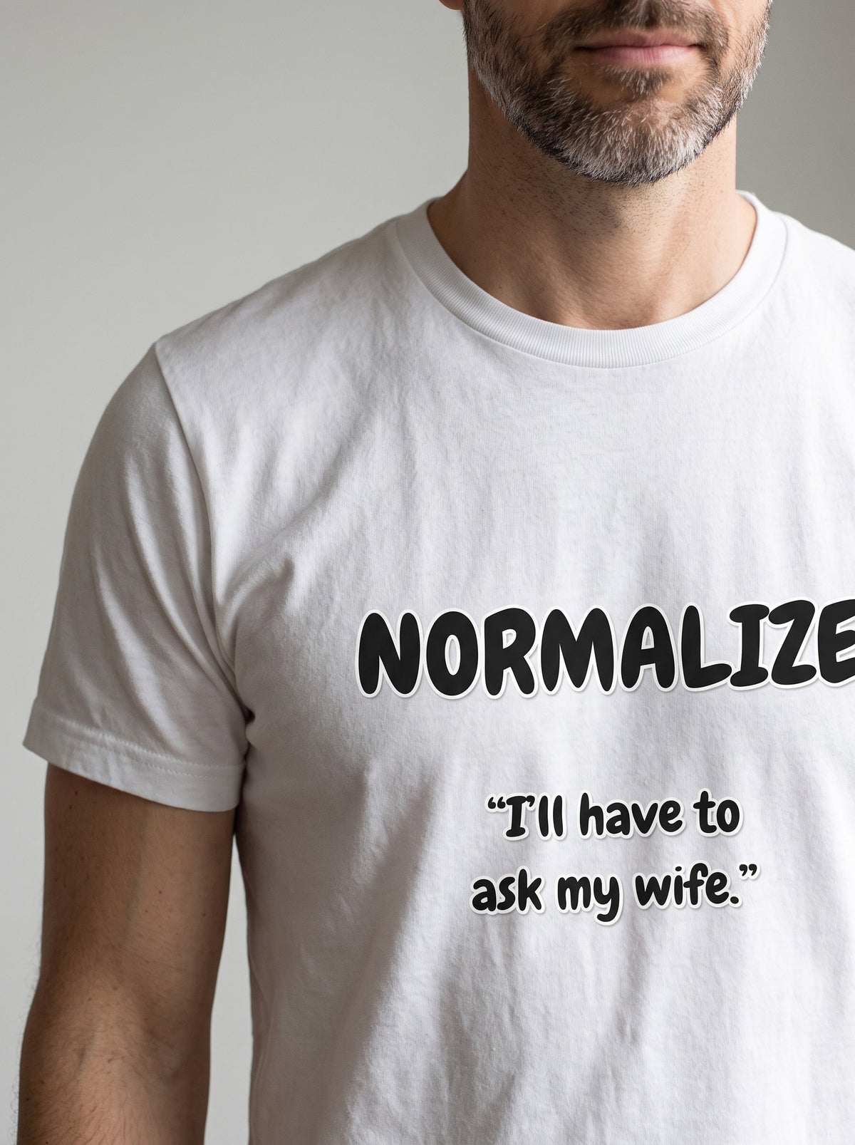 I'll Have to Ask My Wife tee in White — angled close-up [kk-studio]