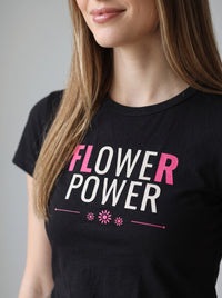 Flower Power tee in Black — angled close-up [kk-studio]