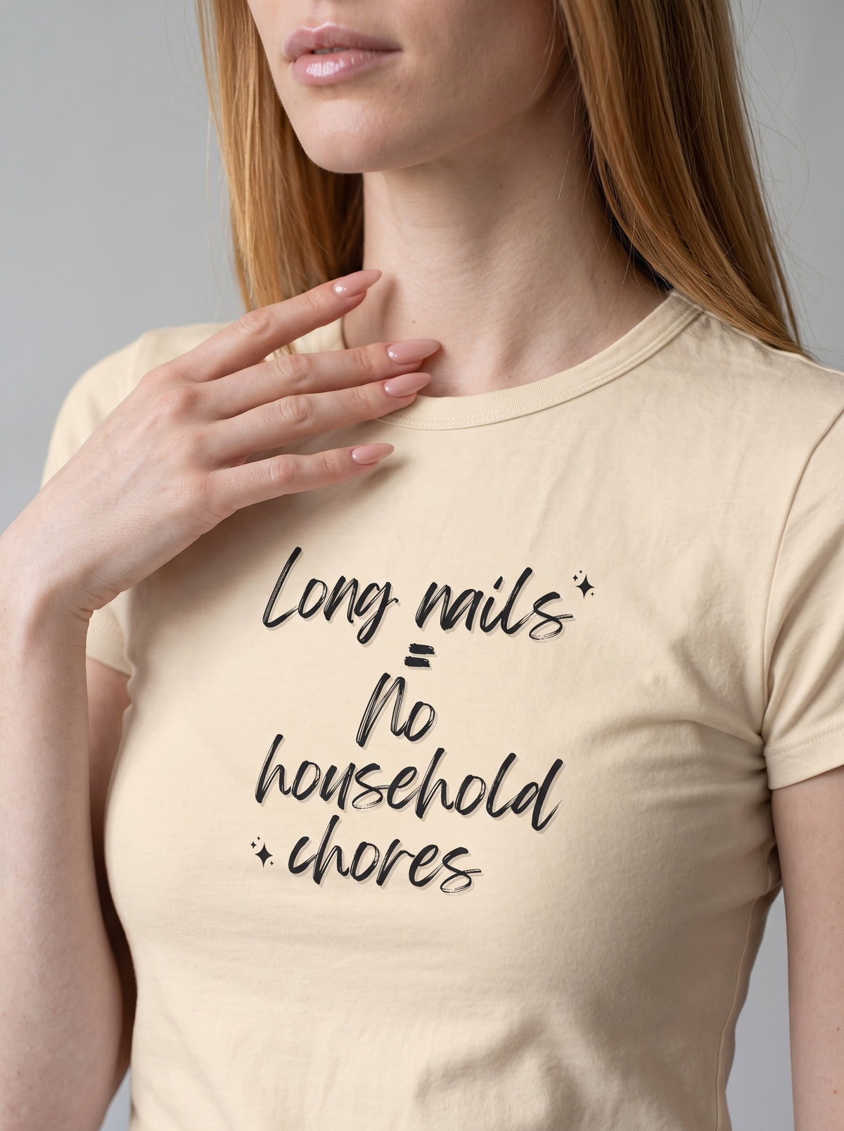 Long Nails = No Household Chores tee in Soft Cream — angled close-up [kk-studio]
