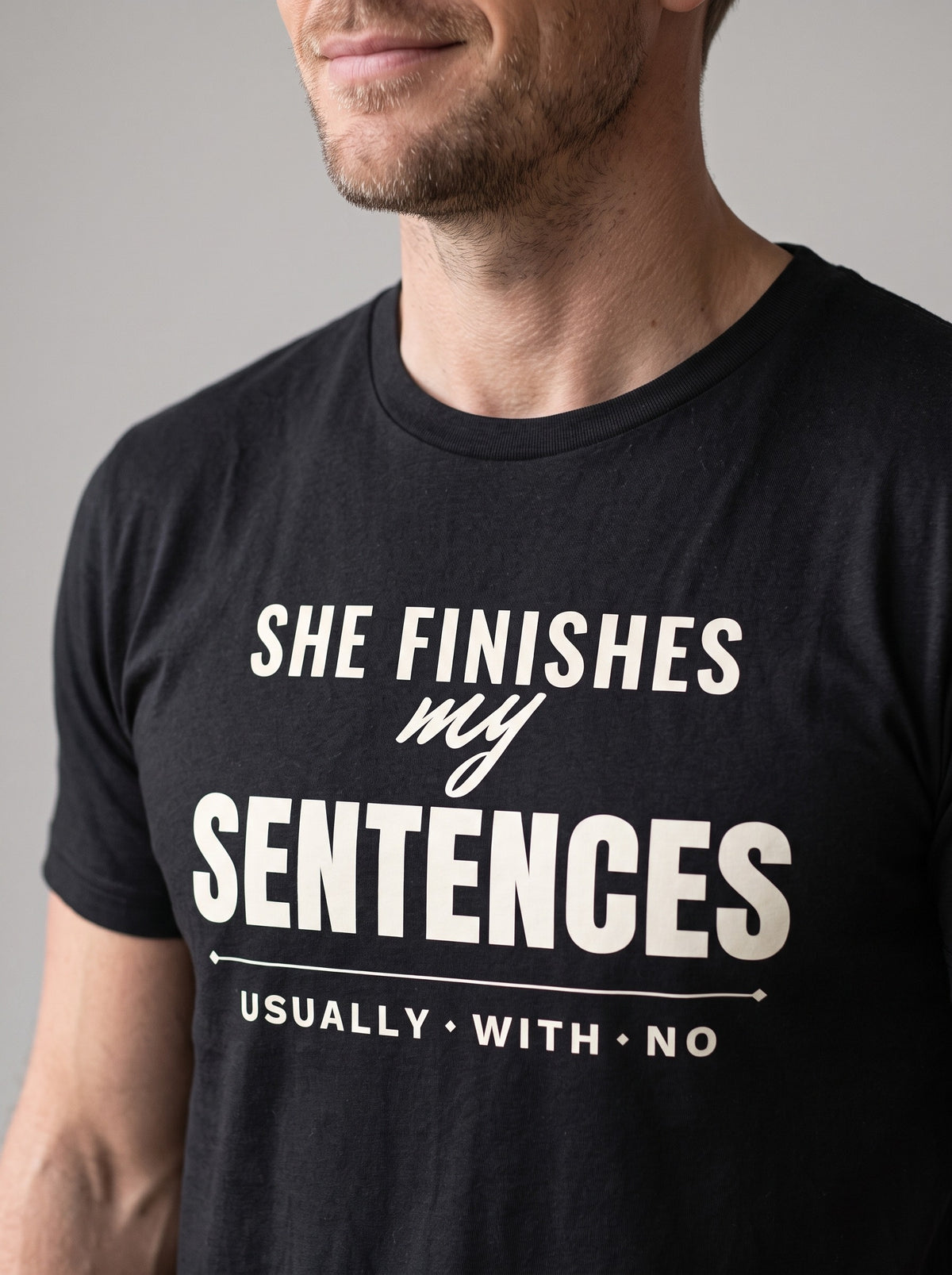 She Finishes My Sentences tee in Black — angled close-up [kk-studio]