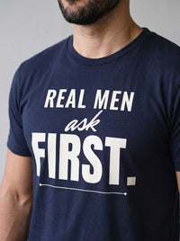 Real Men Ask First tee in Navy — angled close-up [kk-studio]