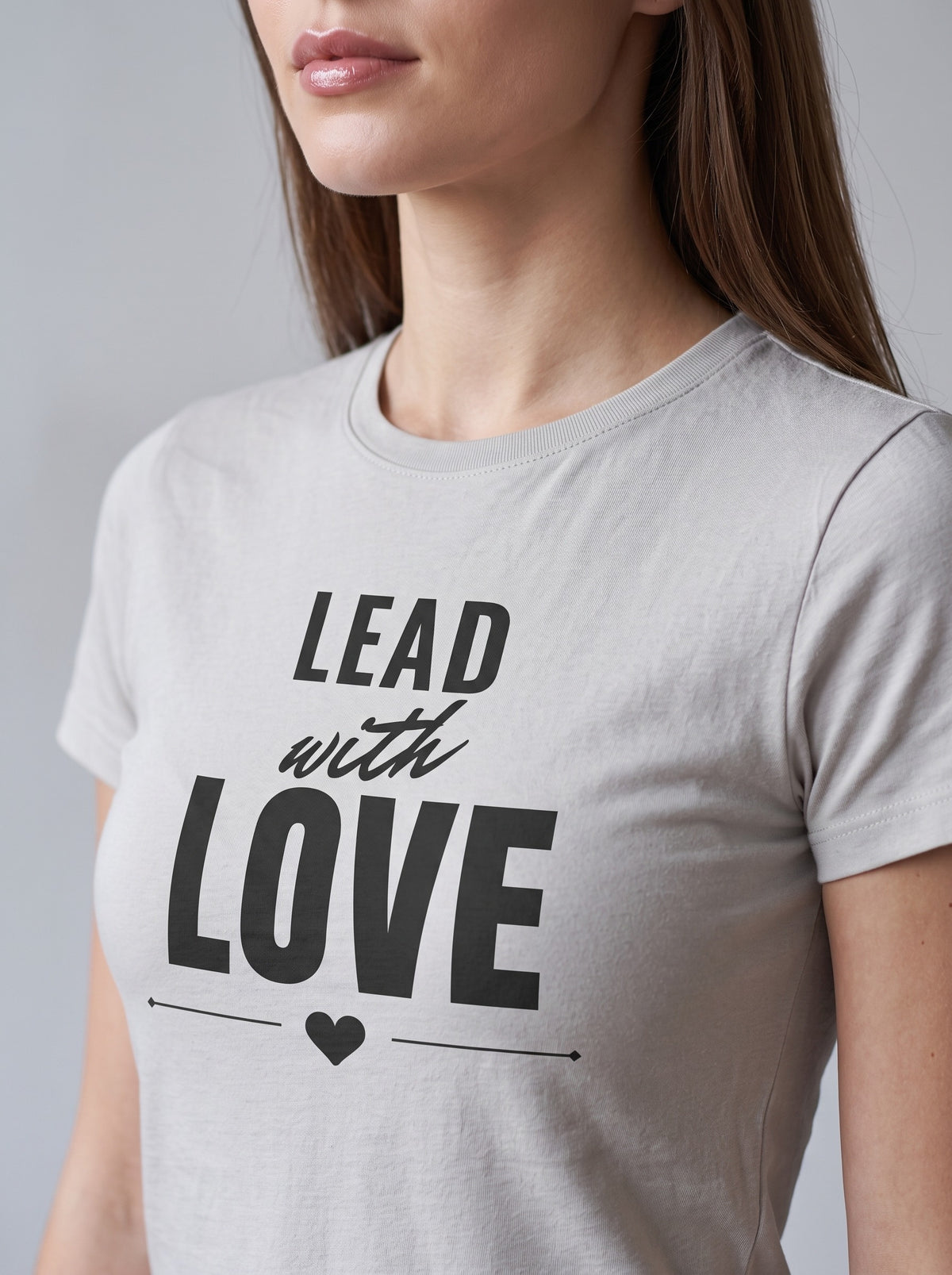 Lead With Love tee in Silver — angled close-up [kk-studio]