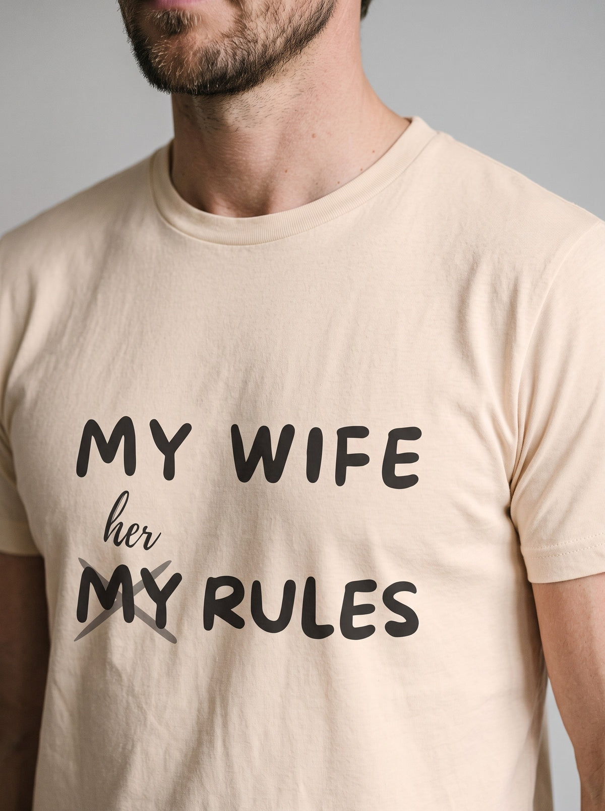 My Wife, Her Rules tee in Soft Cream — angled close-up [kk-studio]