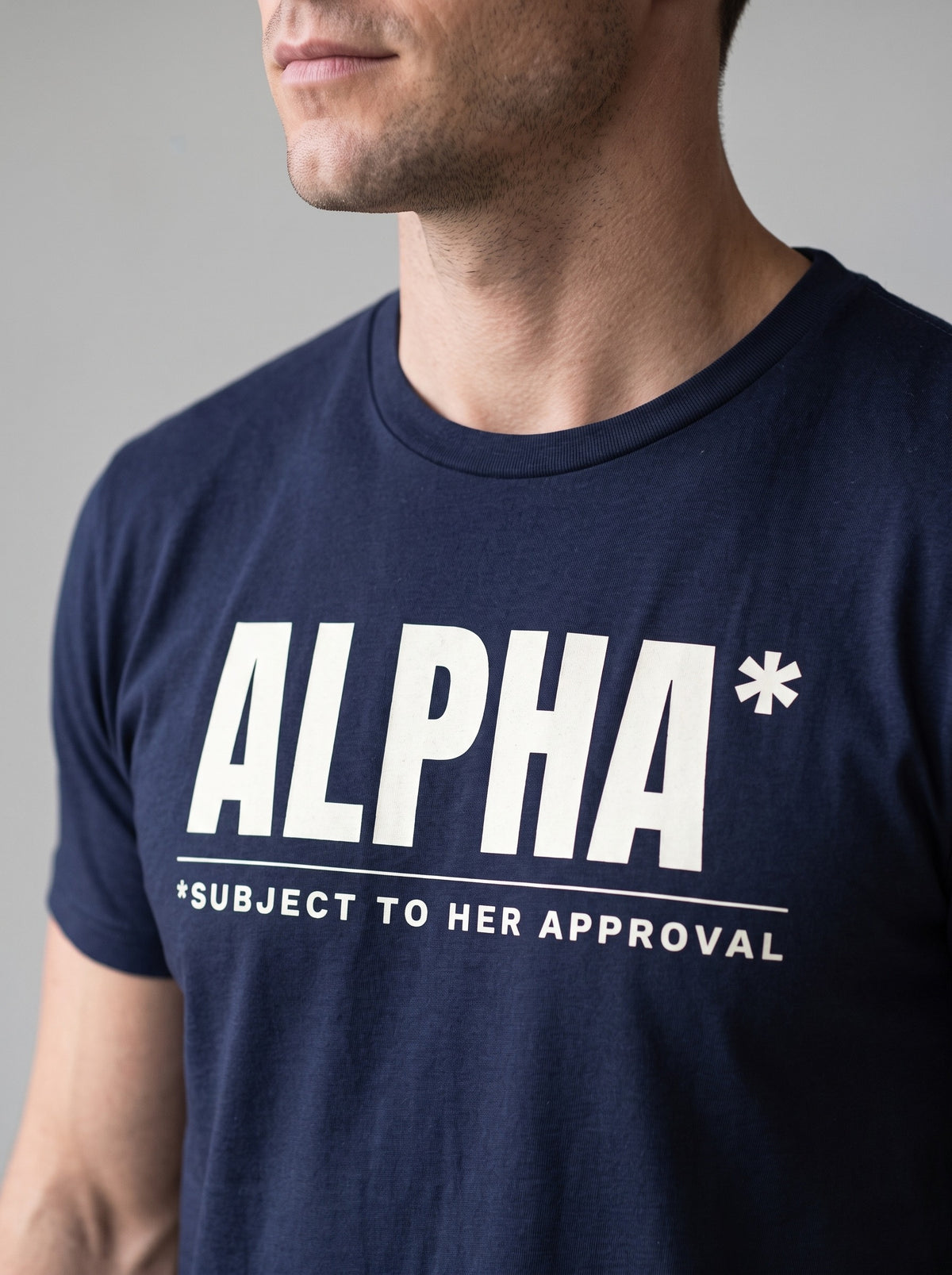 Alpha* (Subject to Her Approval) tee in Navy — angled close-up [kk-studio]
