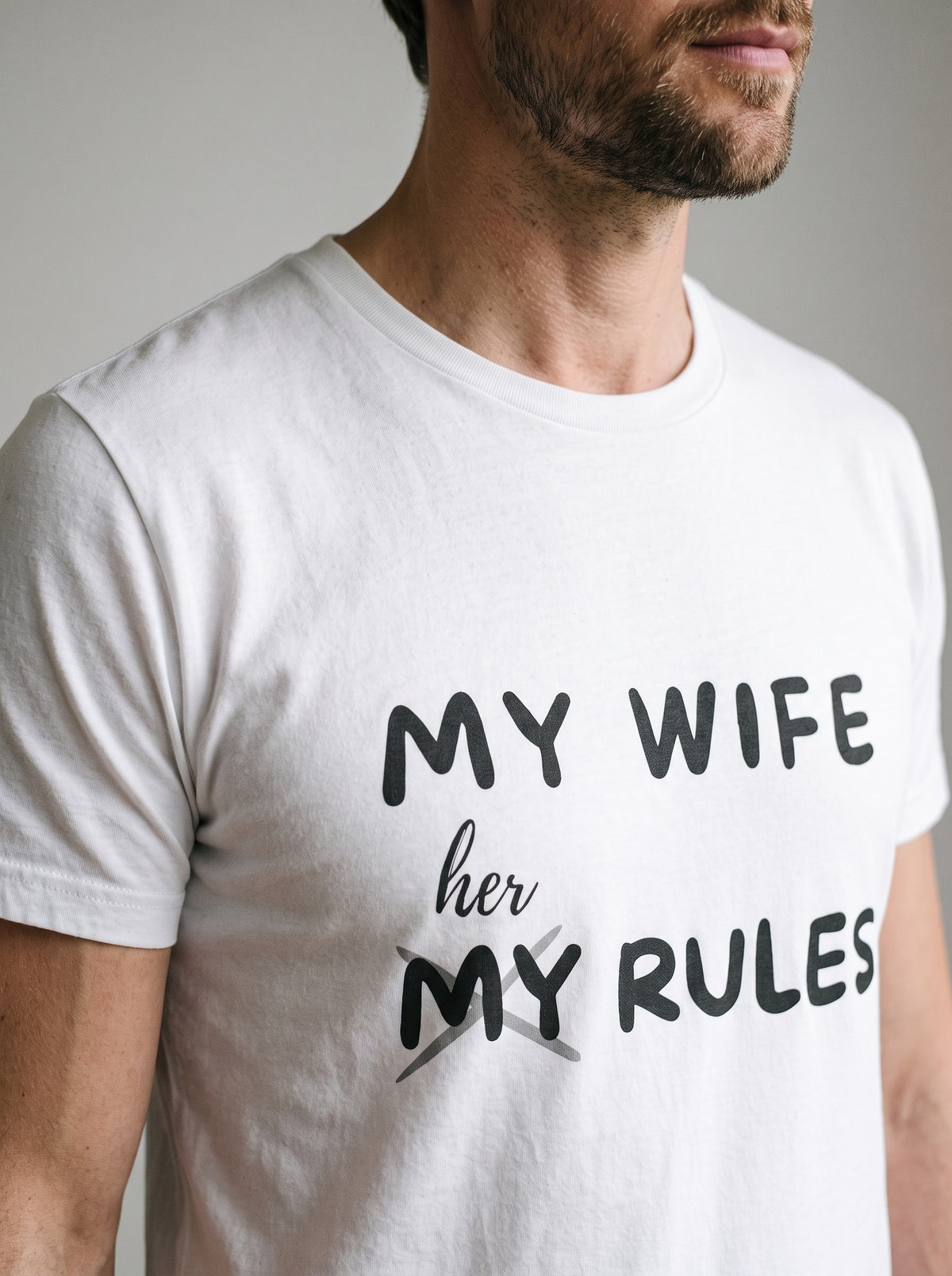 My Wife, Her Rules tee in White — angled close-up [kk-studio]