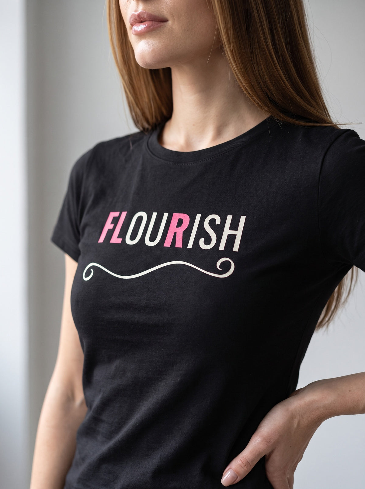 Flourish tee in Black — angled close-up [kk-studio]