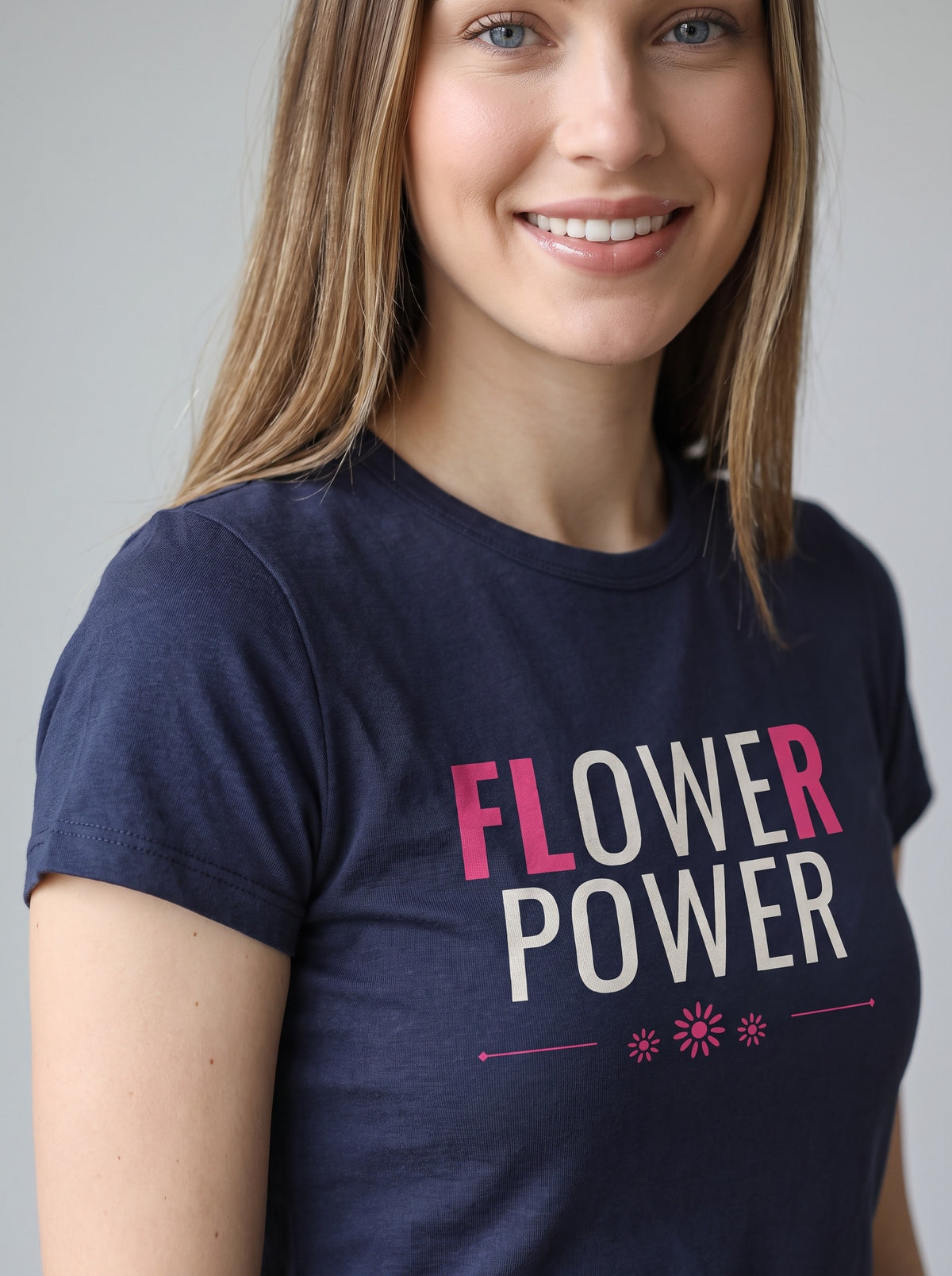 Flower Power tee in Navy — angled close-up [kk-studio]