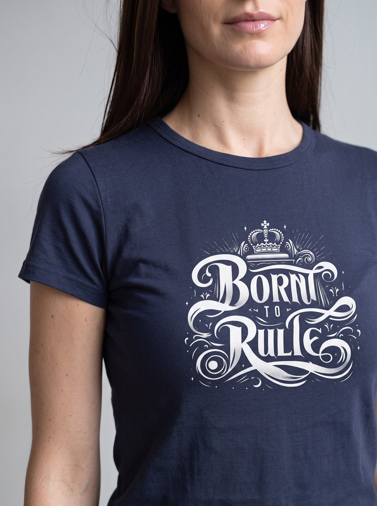Born to Rule tee in Navy — angled close-up [kk-studio]