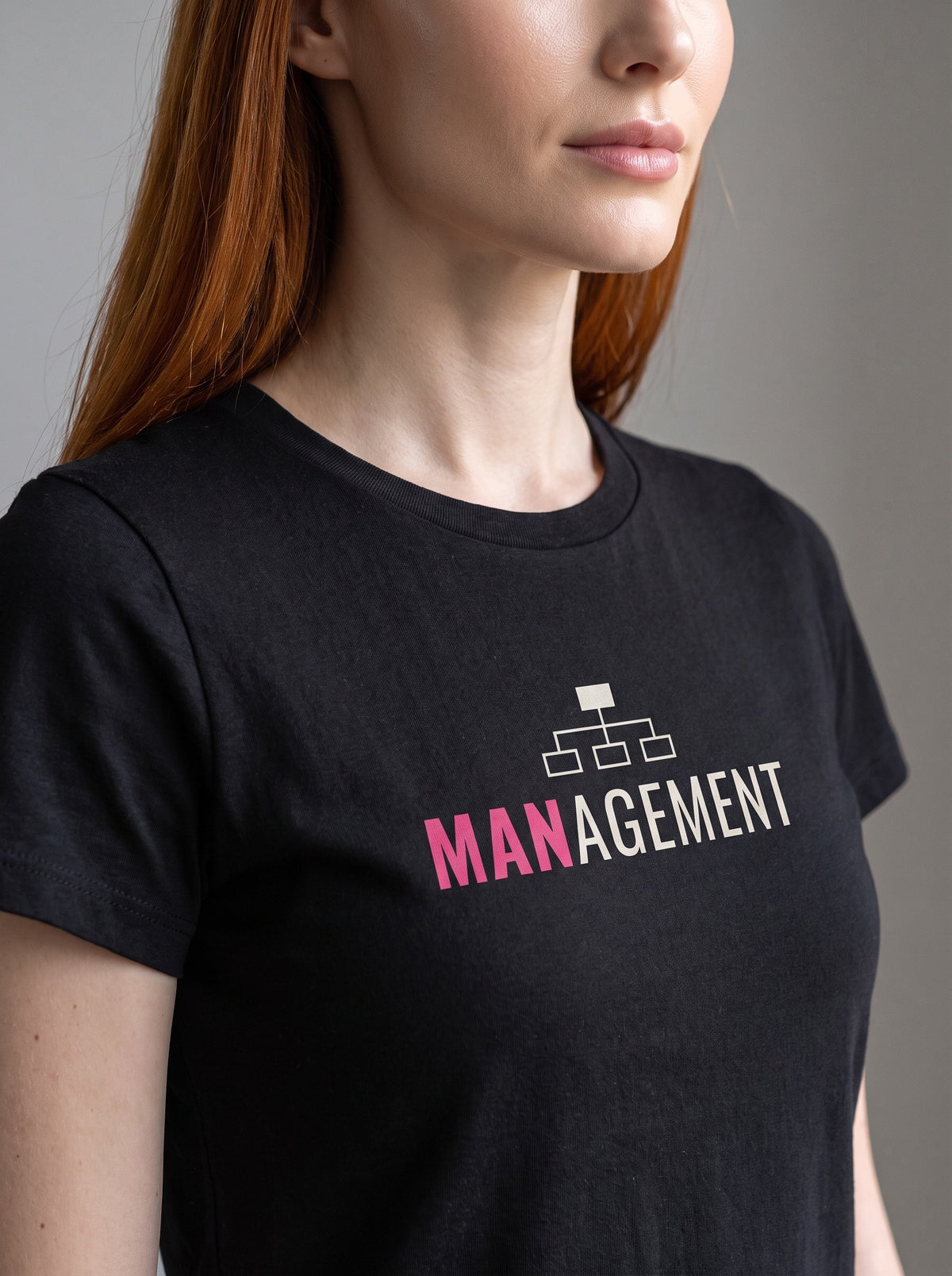 Management tee in Black — angled close-up [kk-studio]