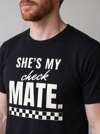 She's My Checkmate tee in Black — angled close-up [kk-studio]