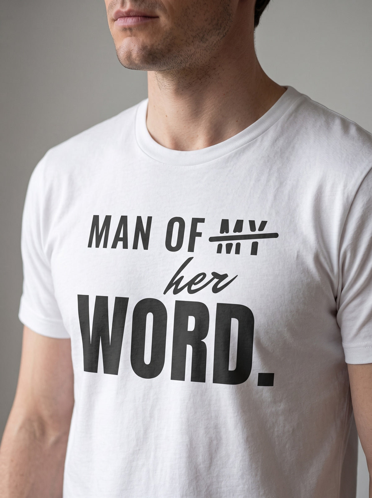 Man of Her Word tee in White — angled close-up [kk-studio]